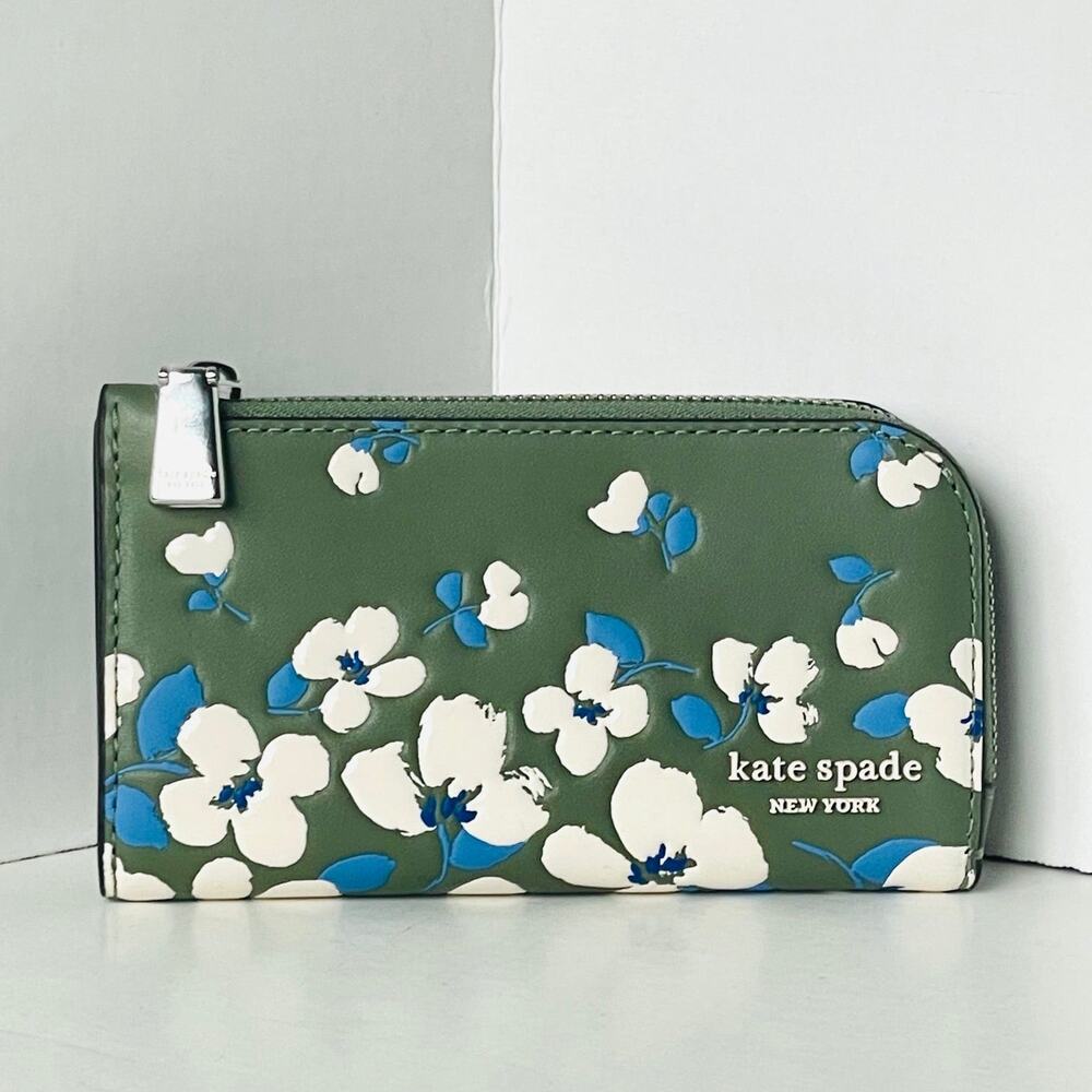 Kate Spade Devin Painterly Bouquet Bifold Wallet Cedar Green Floral